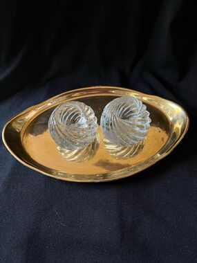 Cmeilow Porcelain Gold Oval Tray From Poland and Swirled Glass Candlesticks.